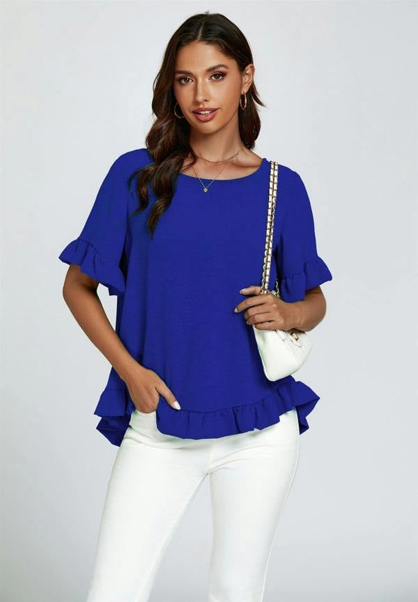 FS Collection Frill Detail Short Sleeves Top In Royal Blue