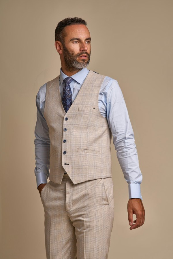 House of Cavani Caridi Short Check Three Piece Suit - Beige