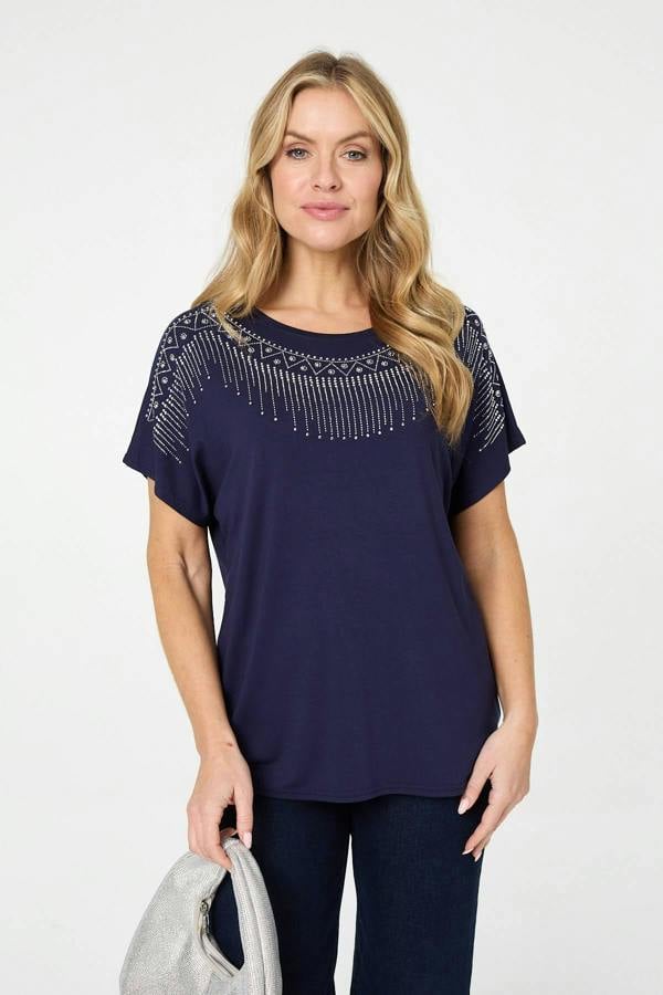 Navy | Diamante Detail Relaxed Short Sleeve Top