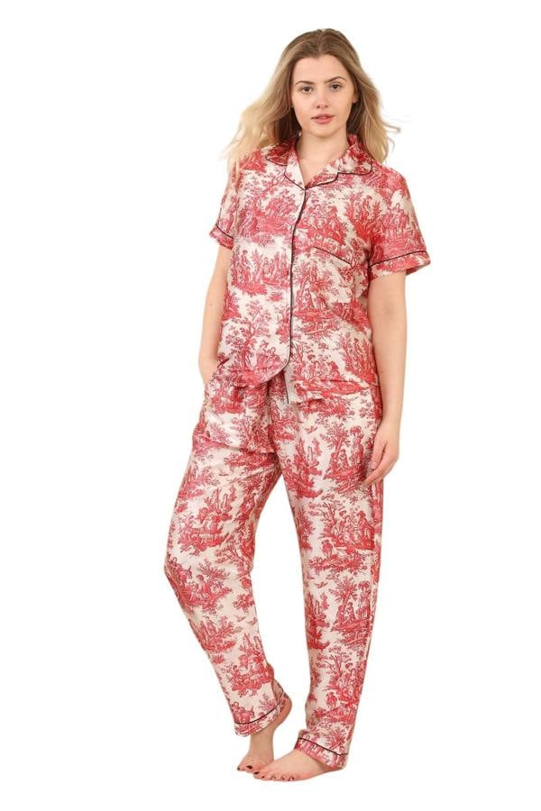 Luxury Satin Toile Print Pyjama Set – Short Sleeve, Button-Up & Pockets - Elaina Fashion