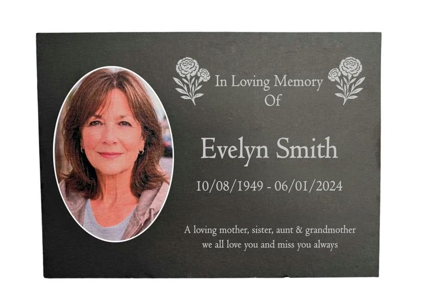 Memorials Direct Photo Slate Memorial Plaque,  Carnation, Add a Portrait & Personalised Text | 35×25cm (14×10”)