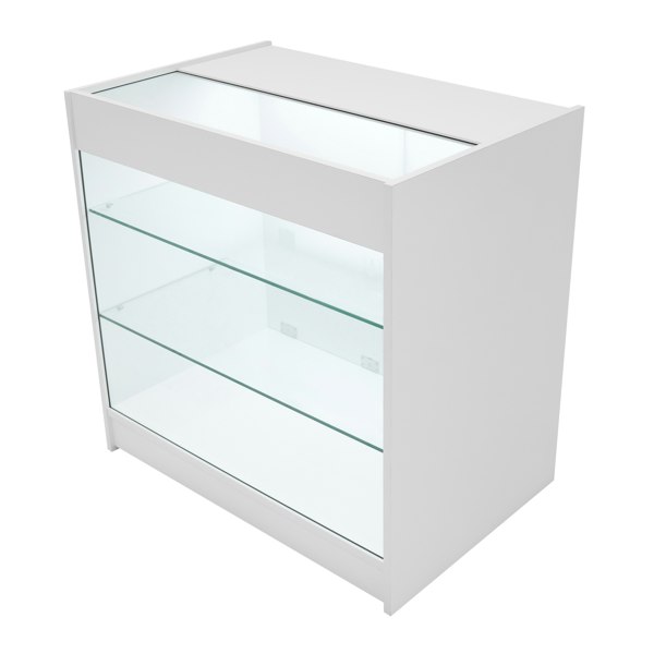 White LED retail shop counter K900 with sleek design, glass shelves, and a modern finish, ideal for showcasing products