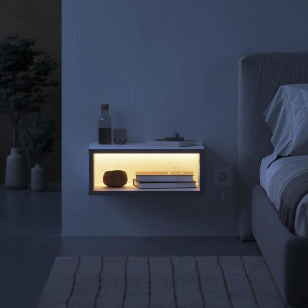 Decortie Modern Floating Bedside Table w/ LED Lights 45cm Wall-Mount Nightstand End Table Open Shelf Bedroom
