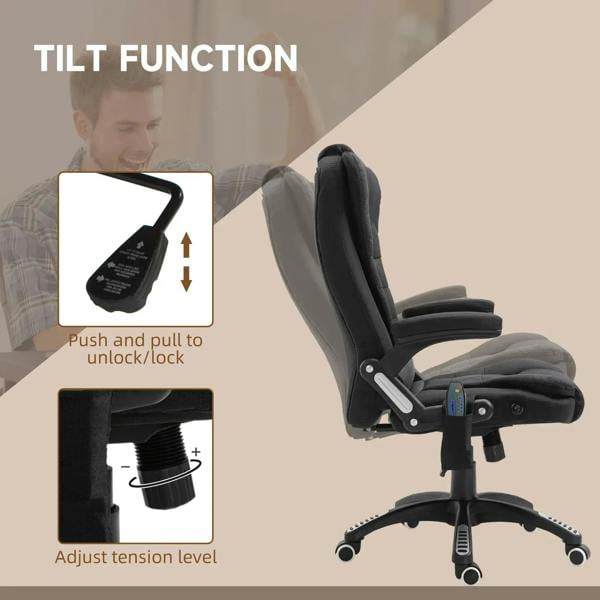 Black tilting massage recliner chair with recline lever, padded seat, and swivel caster base