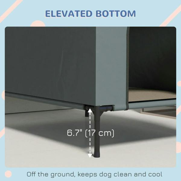 Grey elevated dog house with raised legs under base; clearance measurement shown.