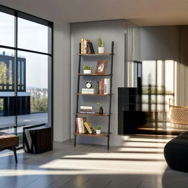 Modcraft 5-Tier Industrial Ladder Shelf – Rustic Metal & Wood Bookshelf