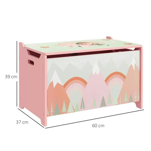 Pink kids toy storage chest with hinged lid, side view with size markings
