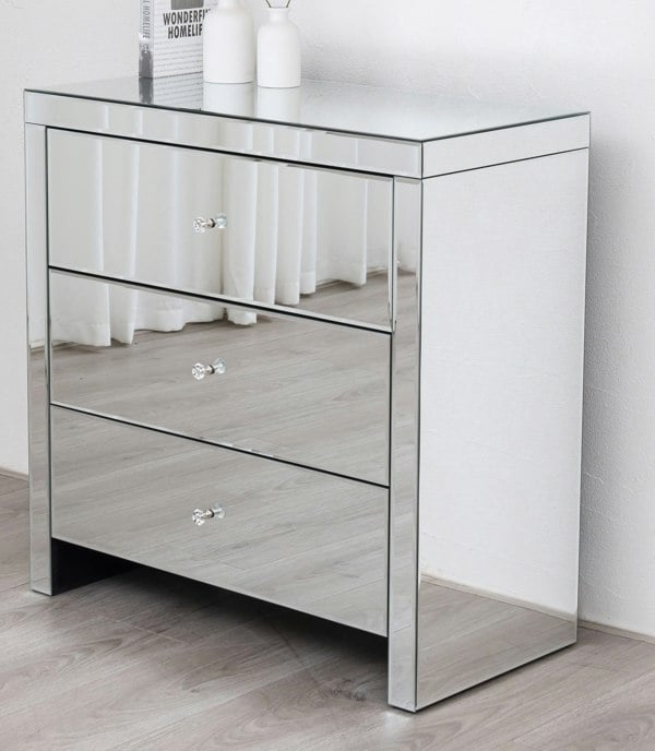 Comfy Living Mirrored 3 Drawer Chest Crystal Handles Bedroom Furniture