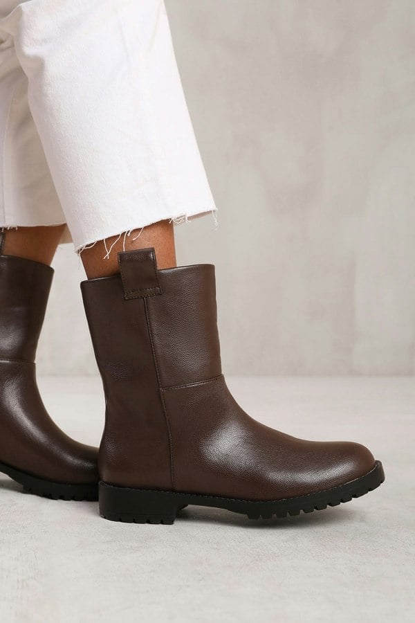 Where's That From Delta Wide Fit Mid Calf Boot With Stitching Detail in Dark Brown Grain Faux Leather