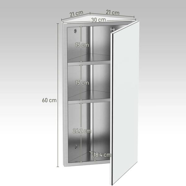 Wall corner mirrored storage cabinet with open door and visible internal shelves