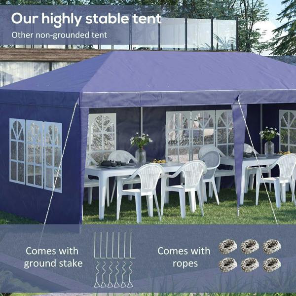 Blue pop-up gazebo tent with white window panels, with ropes and ground stakes shown