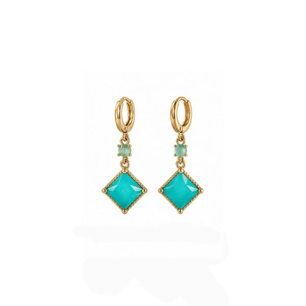 Pair of gold earrings with turquoise gemstones on a white background