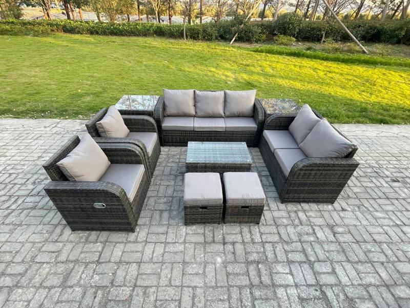 Fimous 9 Seater Patio Furniture Set, Wicker, Coffee Table, Reclining Chair, Loveseat Sofa, 2 Side Tables and 2 Small Footstools, Dark Grey Mixed