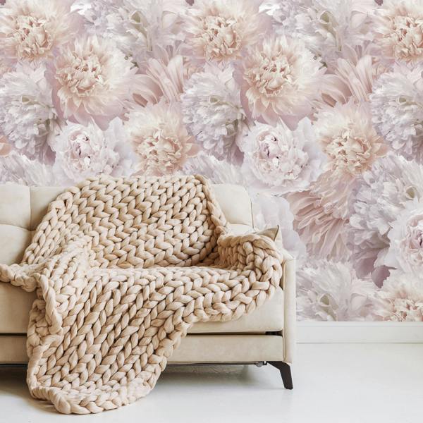 Grandeco Fontaine Photographic Floral Peony Blooms 3 panel repeatable Mural 1.59 x 2.8m, Pink Purple