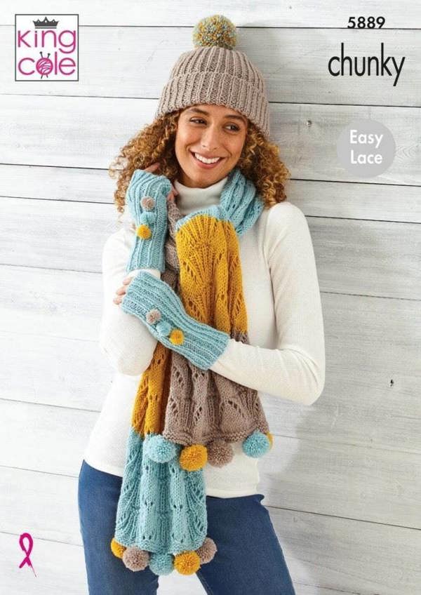 King Cole Wildwood Chunky Knitting Pattern 5889, Wraps, Scarves, Headwear, Wrist Warmers for Women, One Size - Easy