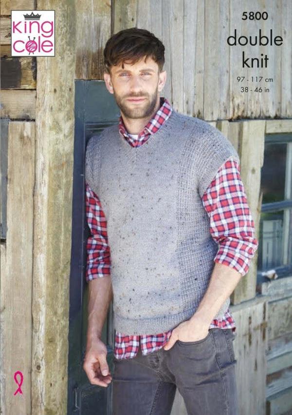 King Cole Homespun DK Knitting Pattern 5800, Slipovers, Waistcoats for Men, 38 - 46 Inches