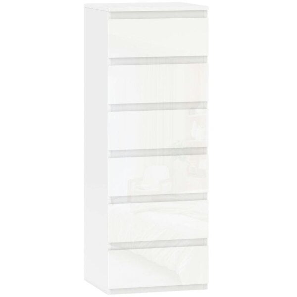 Chest of Drawers High Gloss Finish 6 Drawer Dresser Space Saving Slim Design Handle Free Drawers High-Gloss White