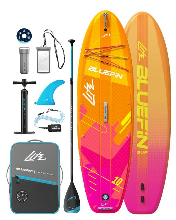 Bluefin SUP inflatable paddle board kit with pump, paddle, fin, and accessories in vibrant colors.