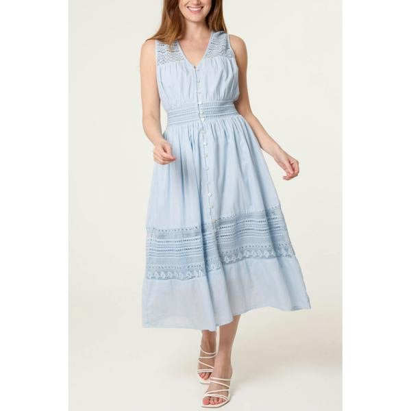 Blue Vanilla Crochet Insert Button Midi Dress