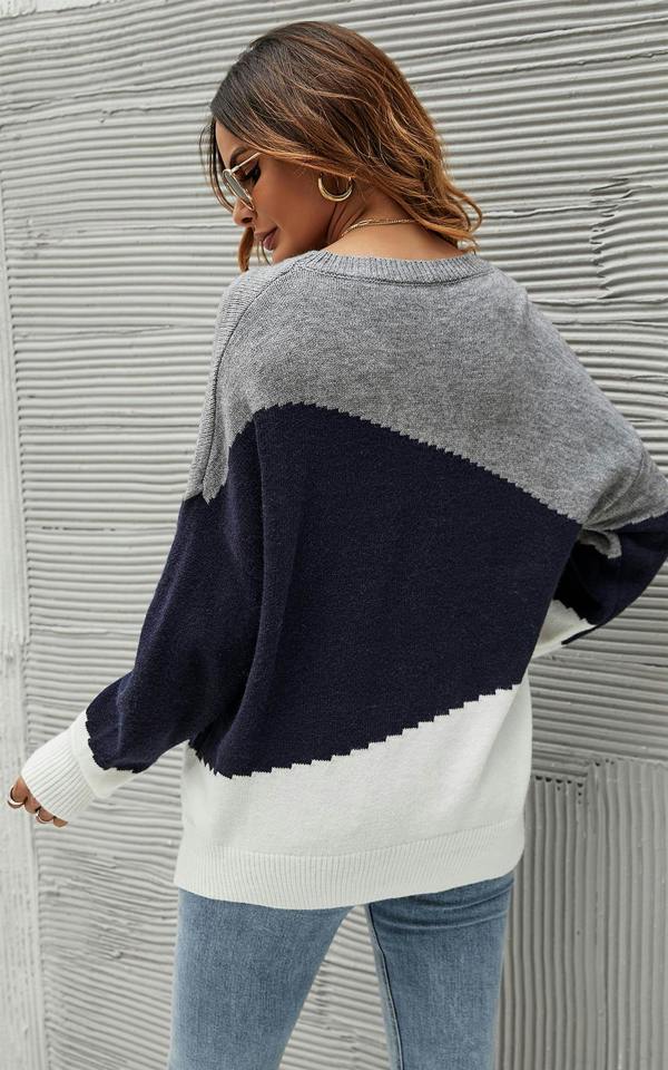 FS Collection Navy & White Block Colour Jumper Top In Grey