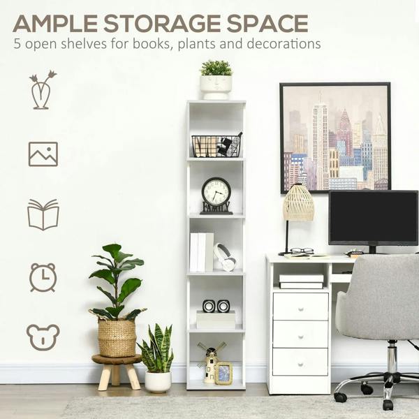 White and light grey 5-tier bookshelf with five open shelving compartments.