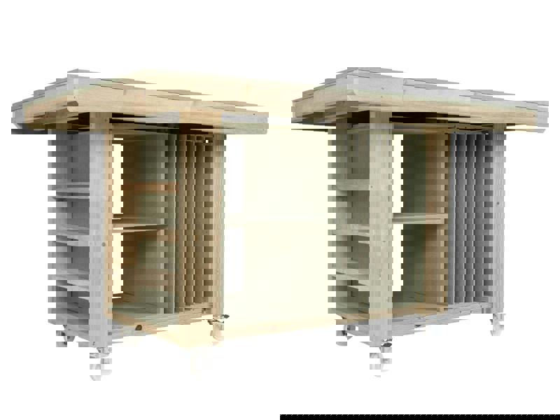 Art/Craft Project Workbench with Storage V.3 features a durable, moisture-resistant 18mm MDF top, ideal for creative projects and precision work. This design includes 7 vertical sections on one side for organizing materials and a double shelf on the other for versatile storage options