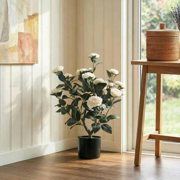 65cm Artificial Camellia Flower Plant in Pot with 116 Lush Leaves & Moss Effect, White - White