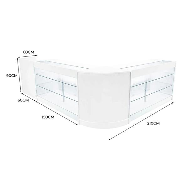 White Aries LED shop counter set featuring sleek glass displays, curved edges, and ample storage space, ideal for retail environments