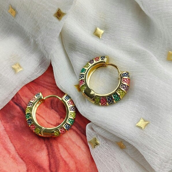 The Colourful Aura Large Enamel Huggie Multicolour Rainbow Dainty Floral Hoop Earrings - Multicolour - Multicolour