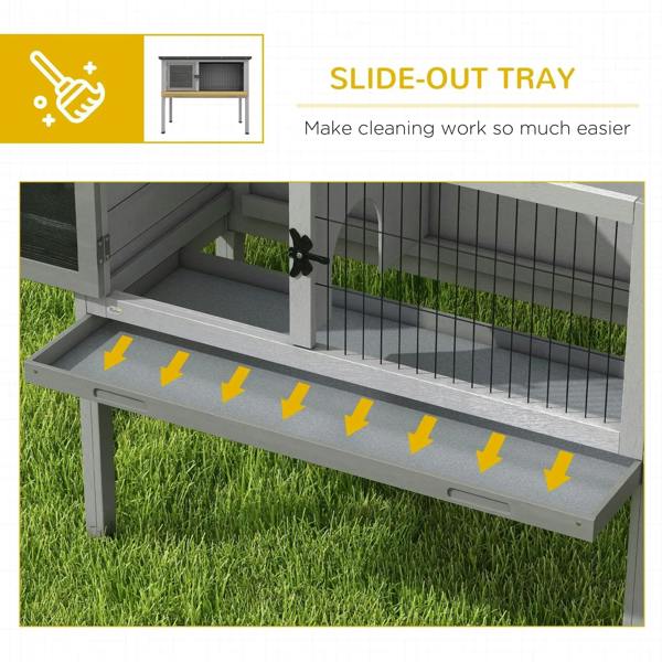 Grey small animal hutch with extended slide-out tray and wire front side walls