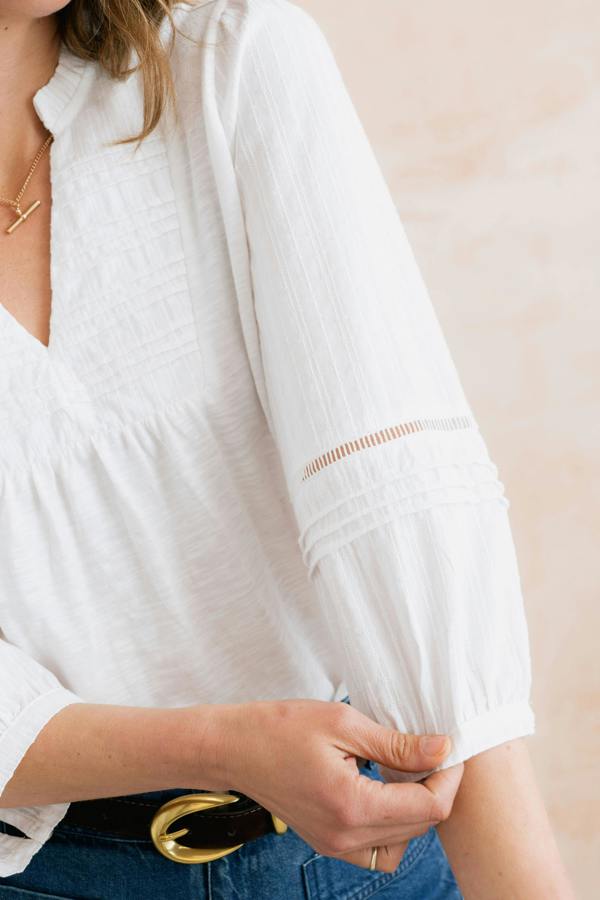 Lily & Me Marie Embroidered Cotton Pintuck Blouse White