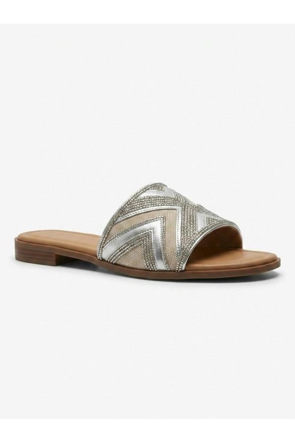 Octavia Geometric Woven Strap Sliders - Silver