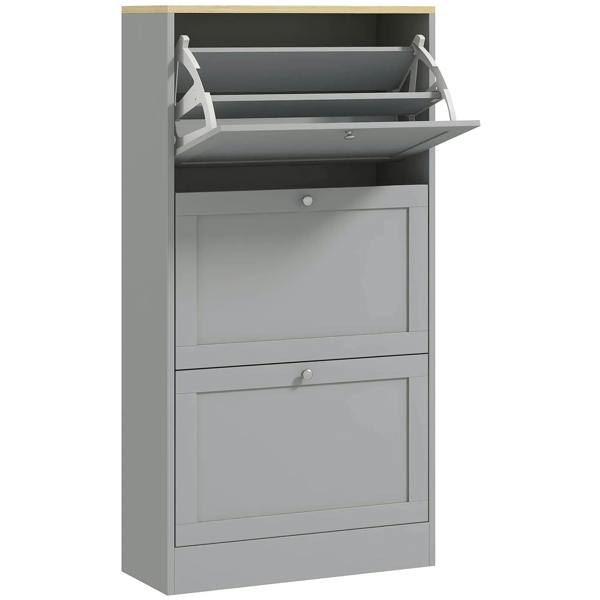 Grey shoe storage cabinet with three open compartments and two front drawers
