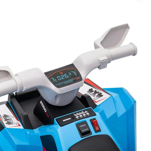 Blue ride-on quad bike handlebar with digital display and control switches