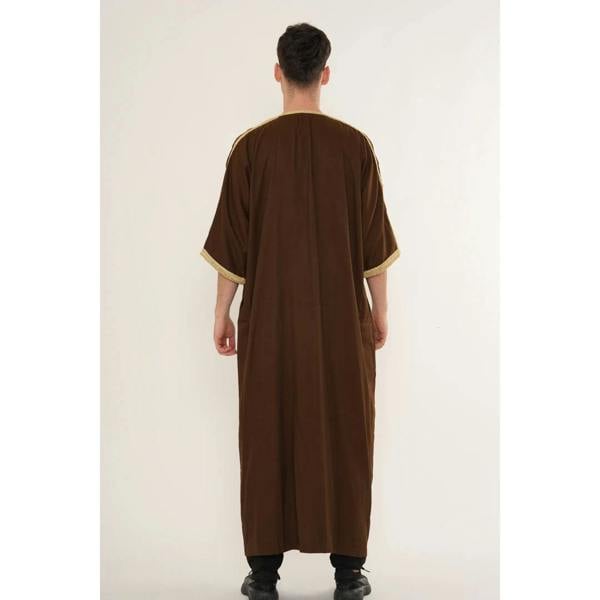 Men's Half Sleeve Embroidery Moroccan Thobe - Brown Beige - Thobez - 20