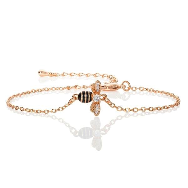 Rose Gold Bumble Bee Bracelet with Cubic Zirconia and Black Enamel - namana.london