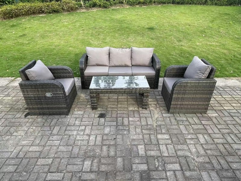 Fimous 5 Seat PE Rattan Garden Furniture Set Adjustable Chair Lounge Sofa Set Oblong Coffee Table Dark Grey Mixed