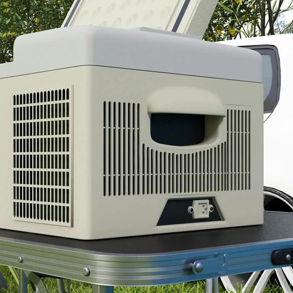 Khaki and grey portable car refrigerator side view with ventilation grilles and power port
