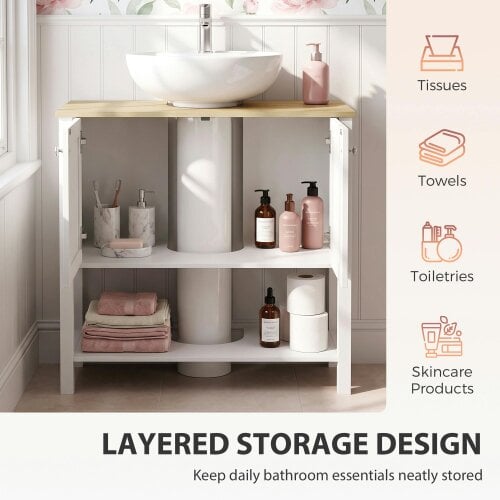 HOMCOM Under Sink Bathroom Cabinet with 2 Doors, Open Shelf, White