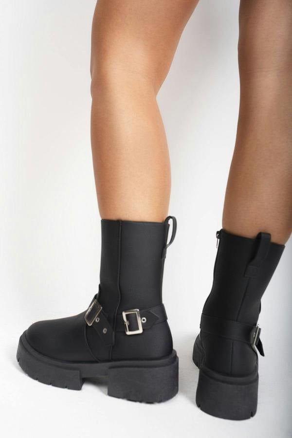 Tavina Chunky Biker Boots With Buckle Detail - Black