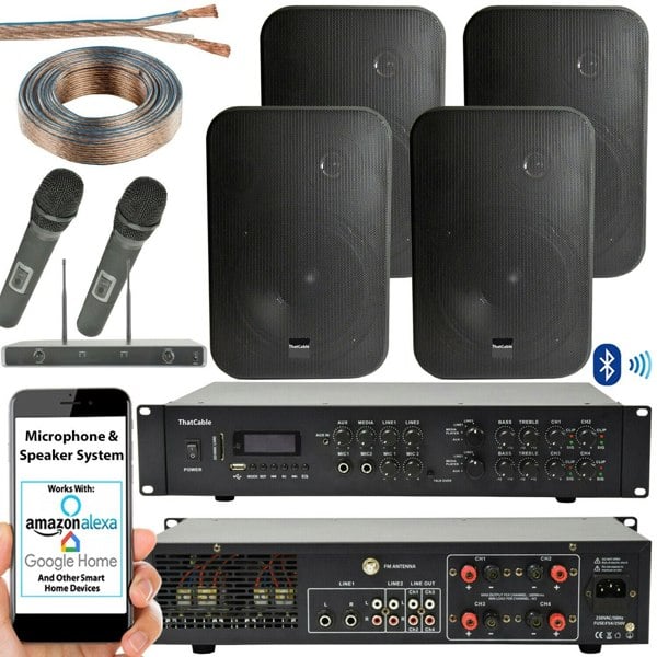 800W Bluetooth Sound System 4x Black 200W Wall Speaker Amp Wireless Microphones