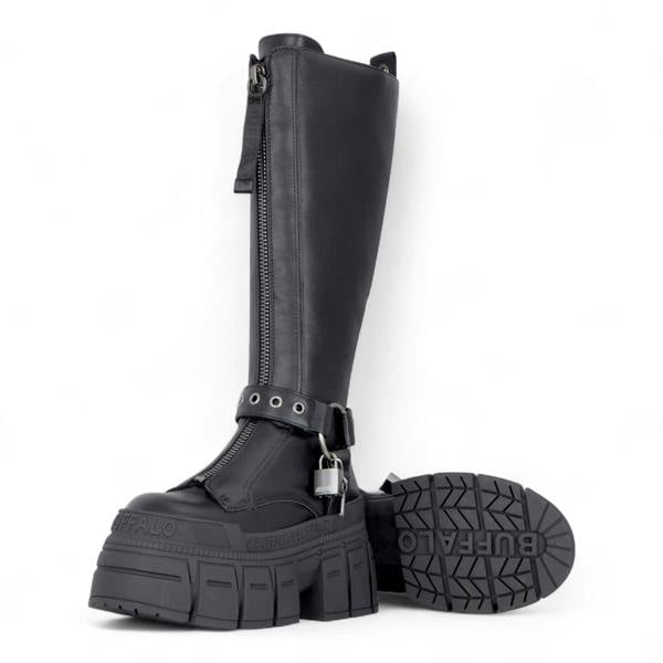 Buffalo Womens Biker Knee High Black Chunky Goth Platform Boots - Gospher Hi