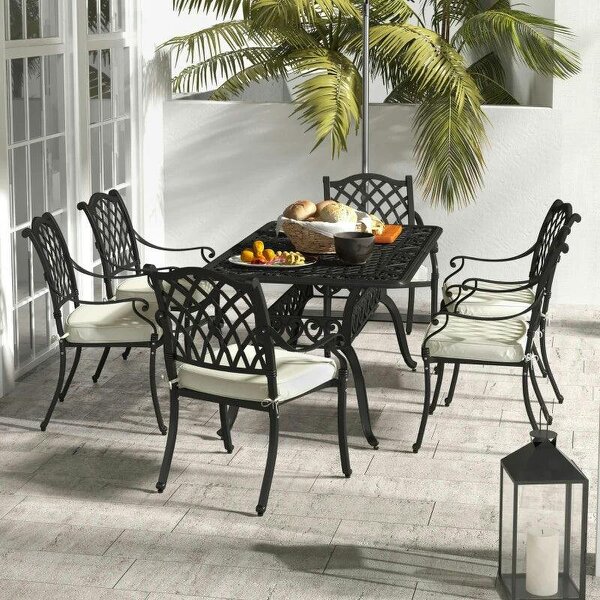 7 Pieces Aluminium Patio Dining Set with Umbrella Hole Black - Black