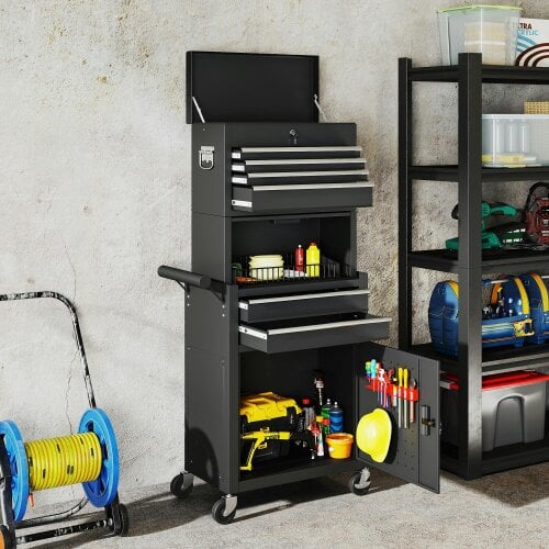 HOMCOM Tool Cabinet with 6 Drawers, 3-in-1 Rolling Tool Chest with Wheels - Black - 60.5L x 33.5W x 131H cm - Tool Cabinet