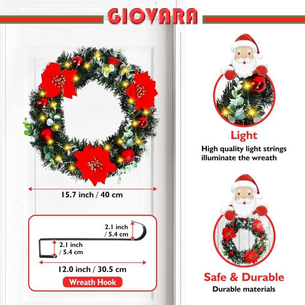 deAO Toys 40cm Christmas Wreath (Hanger Included), Artificial Door Wreath with LED Lights, Xmas Wreath