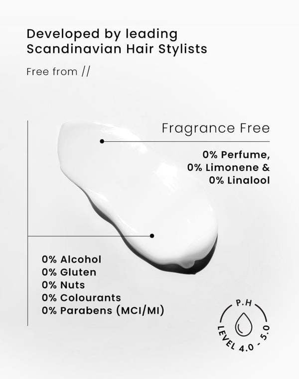 Sample of Sensitive Hair Mask. 

Developed by leading Scandinavian Hair Stylists. Free from // Fragrance Free. 0% Perfume. 0% Limonene & 0% Linalool. 

0% Alcohol. 
0% Gluten. 
0% Nuts. 
0% Colourants. 
0% Parabens (MCI/MI). 

P.H Level. 4.0 - 5.0 