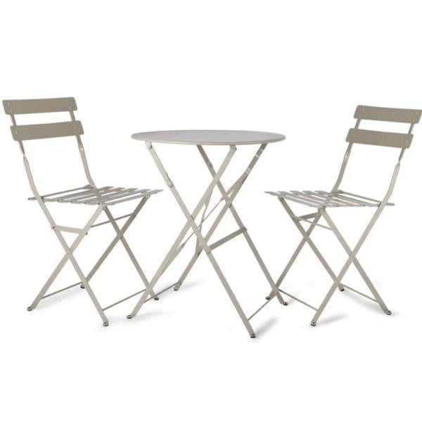 Matte clay grey metal folding bistro table and two matching slatted chairs isolated on a white background.