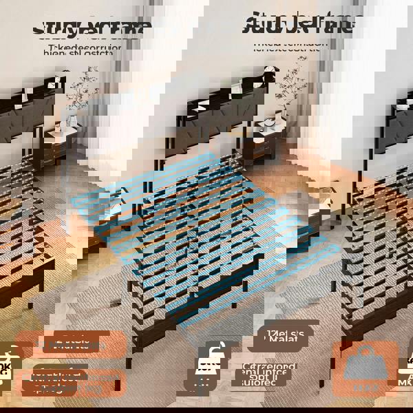 Levede Double Bed Frame Metal Platform Linen Upholstered Headboard with Storage