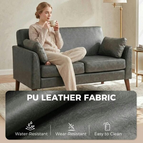 2 Seater Sofa, 132 cm Modern Small Sofa with Solid Wood Legs and 2 Pillows for Small Space, Grey