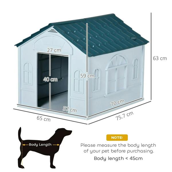 White plastic dog house with blue roof, front opening and size measurements diagram